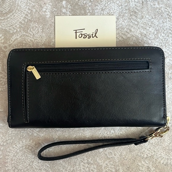 Brand New Fossil Genuine Leather Black Zip Around Wristlet Wallet Teal Interior - Picture 4 of 15